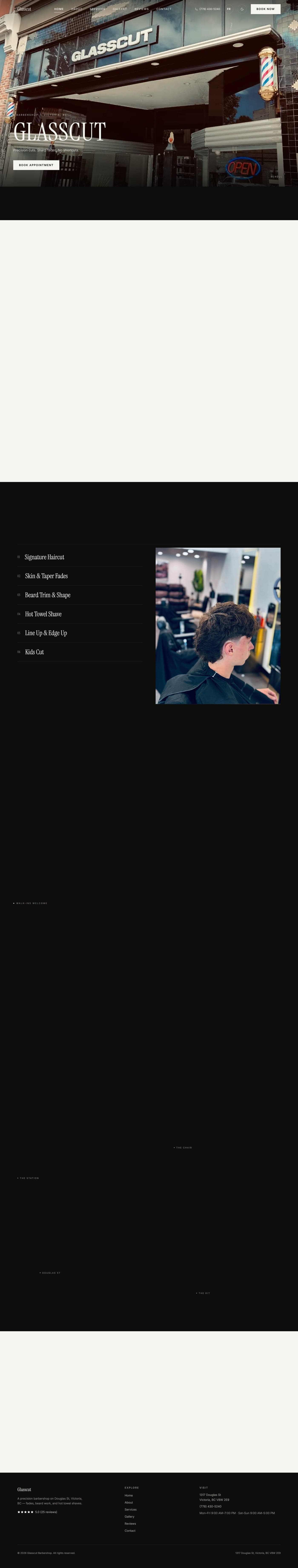 Glasscut Barbershop — page complète